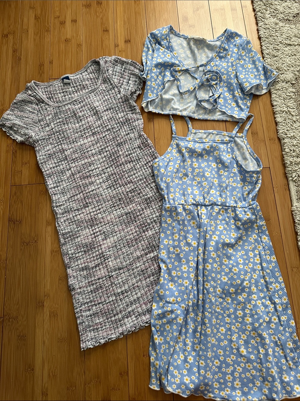 Set of Three Dresses — Blue Floral Dress + Blue Floral Top + Textured Knit Dress